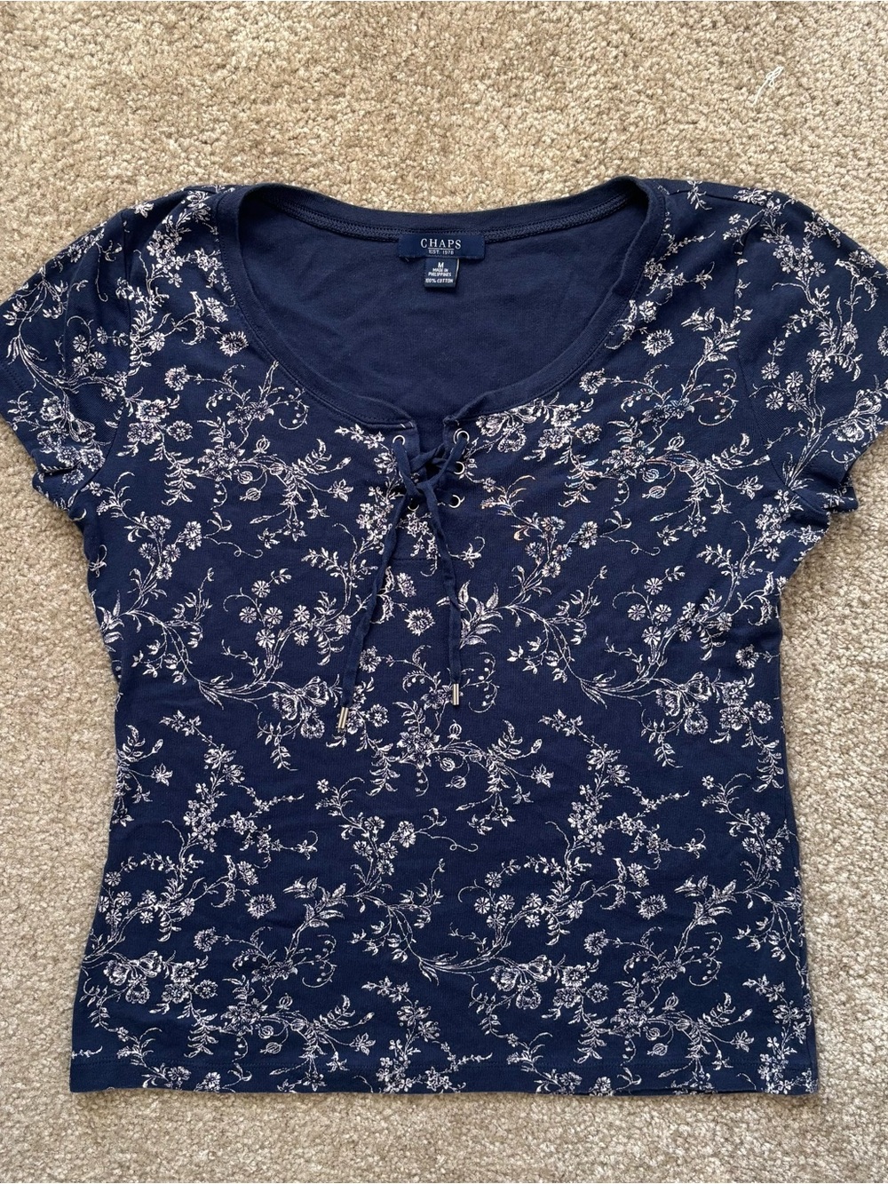 navy blue and white floral top